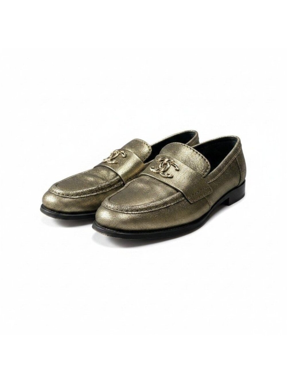Chanel G9 CC Logo Metallic Gold Loafers